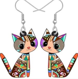 Women's jewelry unique multi-colored designed cat dangle earrings!